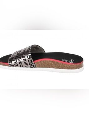 ARA Black Cork Slide Sandals with Silver Text-Print Strap